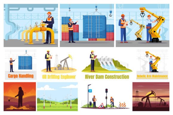 Engineers Color Vector Illustration Set: Graphics and Illustrations for Modern Publishing