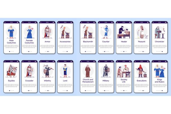 Medieval Time Mobile App Screen Template: Graphics for Editorial Design