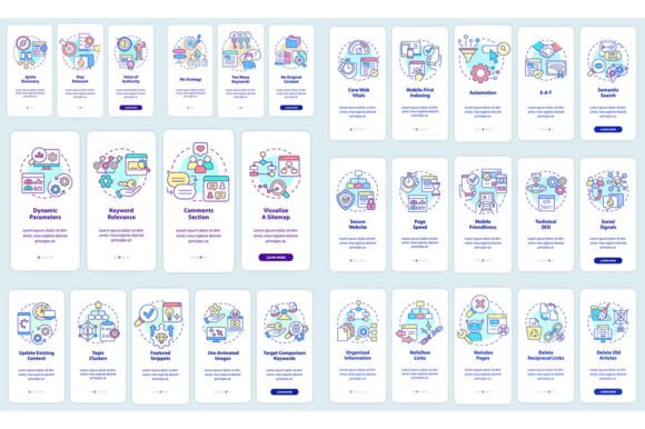 SEO Mobile App Screen Set: Modern Graphics and Graphic Templates